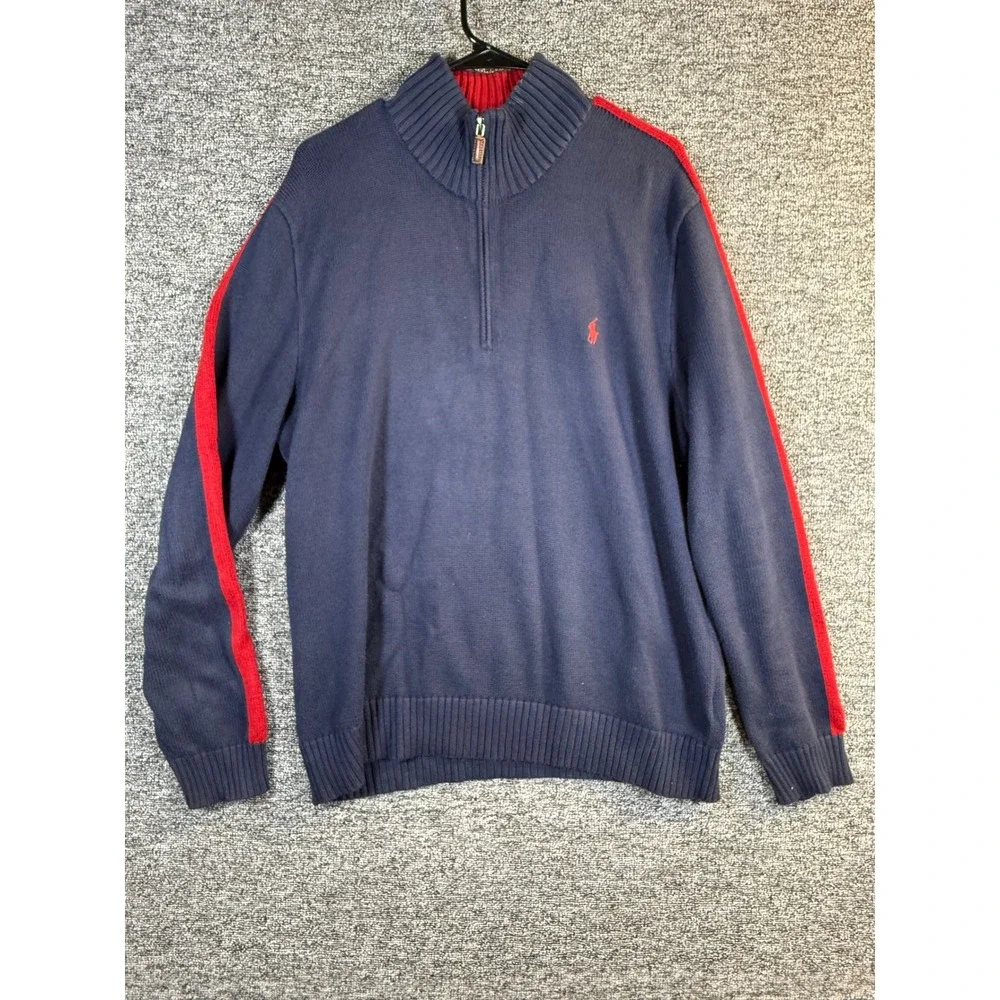Polo Ralph Lauren Mens XL Navy Blue Red Stripe Quarter Zip Cotton Sweater Logo